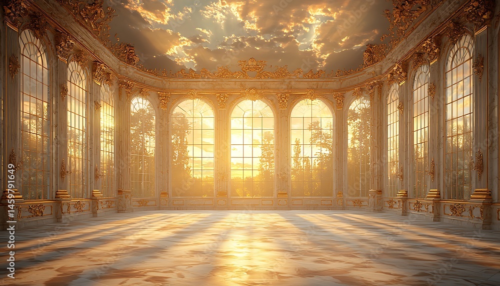 Obraz premium Sunlit grand hall with arched windows (1)