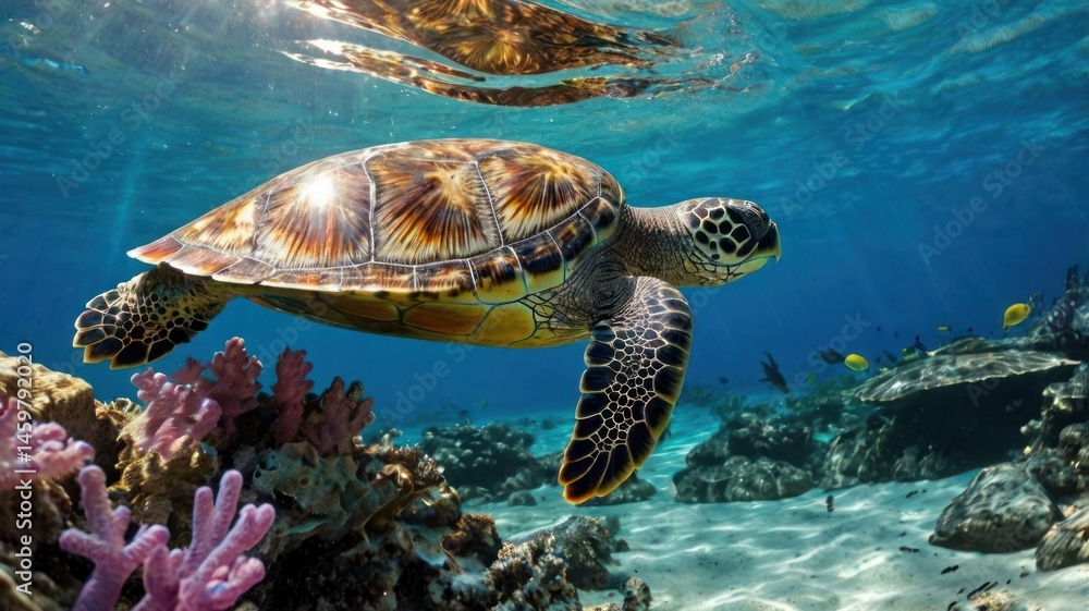 Fototapeta premium Sea turtle gliding through vibrant coral reef