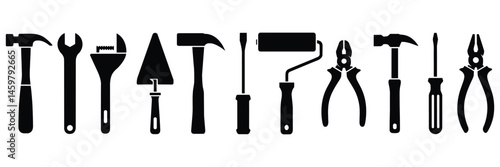 Hand tool equipment silhouette collection, Tools and equipment for home repair and building construction vector illustration, Tools icons silhouette on white background