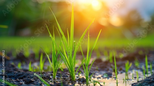 A paddy field with dew on it and the sun shining on morning view landscape