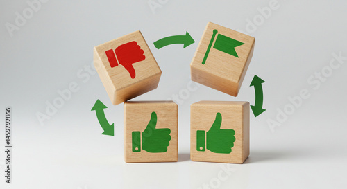 Feedback loop concept with thumbs up thumbs down and flag icons for iterative improvement process