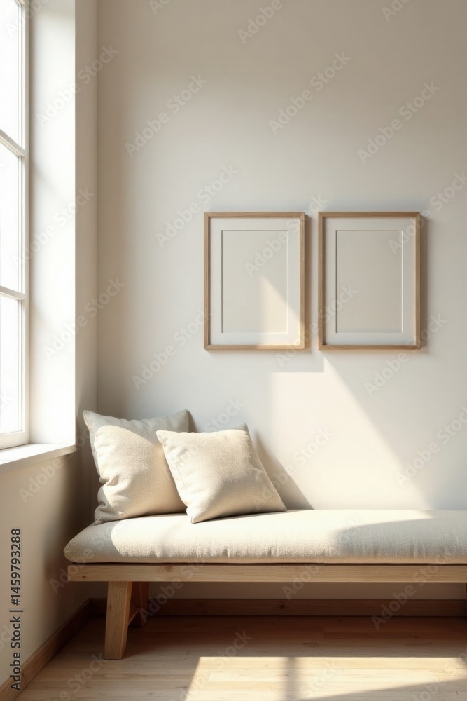 Fototapeta premium Serene Minimalist Room Interior Design Featuring a Light-Colored Bench with Cushions and Two Simple Wooden Framed Pictures on a Neutral Wall