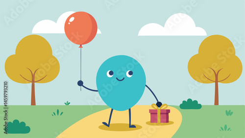 Sneaky Smile A character tiptoes along a path looking back over their shoulder with a big cheeky grin. Their eyes are mischievously lit and they are clutching a balloon or a gift