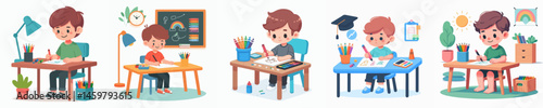 boy is drawing with crayon on study table vector flat design style