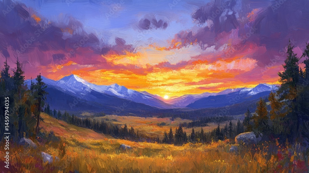 Obraz premium Vibrant Sunset over Mountain Valley Landscape