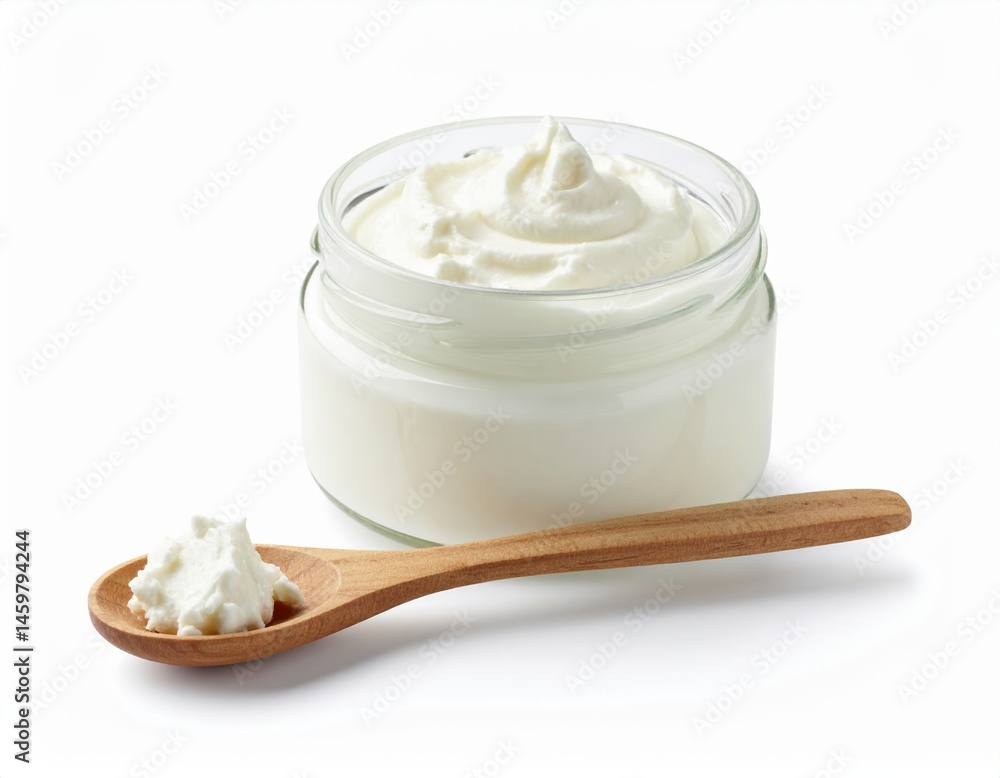 Glass jar of creamy white yogurt with wooden spoon on white background Glass jar of creamy white yogurt with wooden spoon on white background