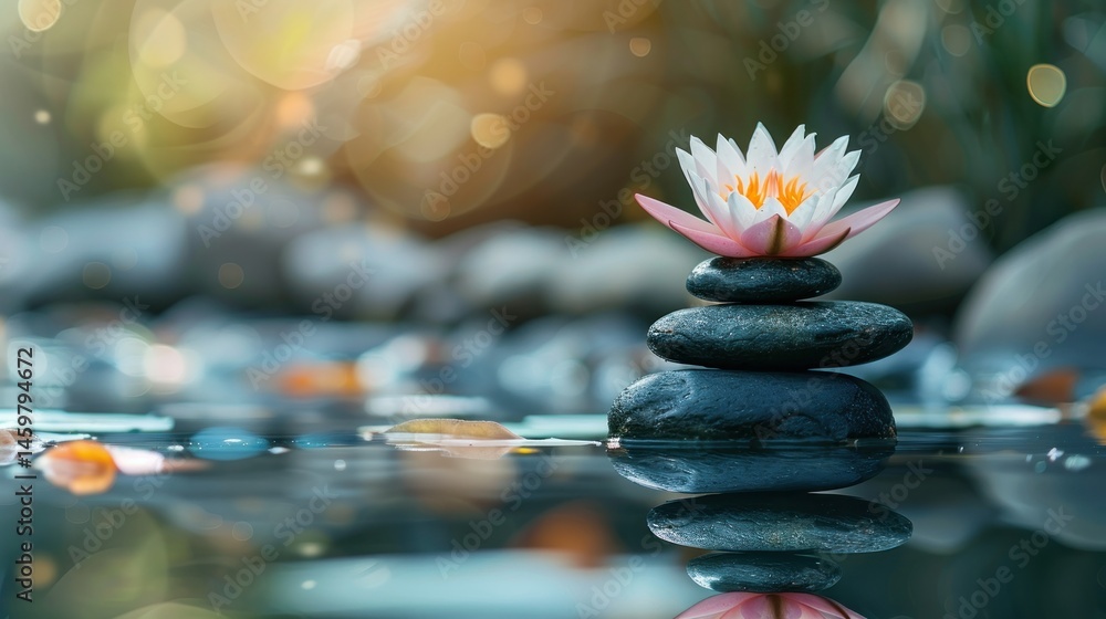 Obraz premium Closeup beautiful lotus or water lily flower, stack stones on water surface background. Generate AI
