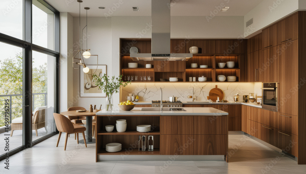 This interior design photograph showcases a modern kitchen featuring warm wood cabinetry, a marble countertop island, and large windows offering a view of a green outdoor space. This interior design photograph showcases a modern kitchen featuring warm wood cabinetry, a marble countertop island, and large windows offering a view of a green outdoor space.