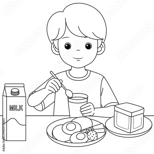 The boy is eating breakfast coloring page for kids