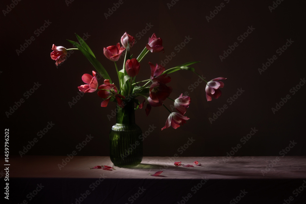 pink tulips in green glass vase on table on dark background