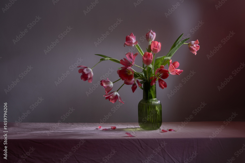 pink tulips in green glass vase on table