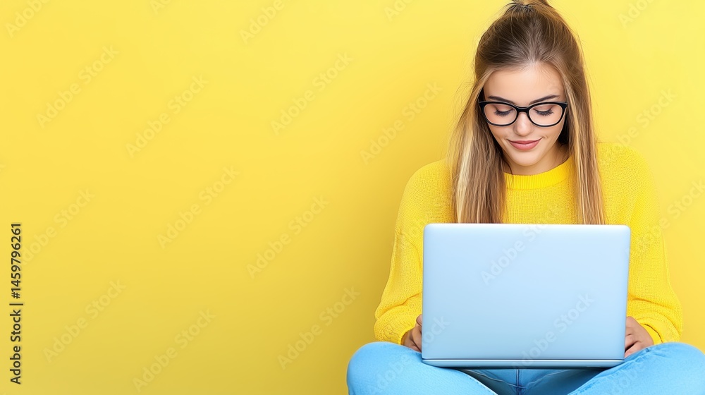Naklejka premium Woman in yellow sweater working on laptop against a bright yellow background in a casual indoor setting