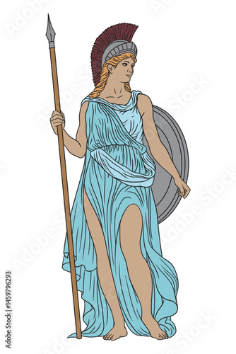 Ancient Greek goddess Athena Pallas with a spear and shield in a helmet. Figure isolated on white background