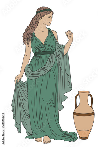 Ancient greek woman goddess in tunic with a jug for wine and water. Figure isolated on white background