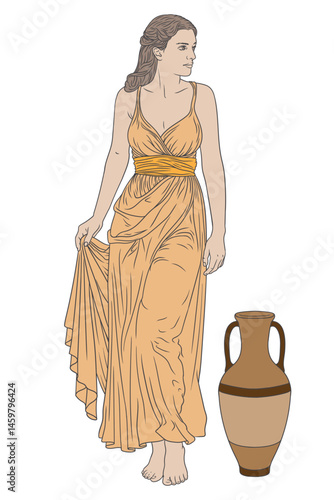 Ancient greek woman goddess in tunic with a jug for wine and water. Figure isolated on white background