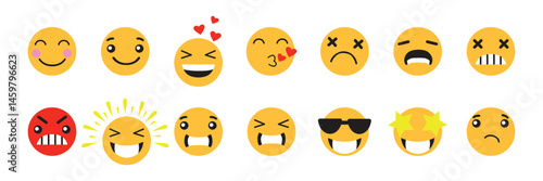 Social media reaction emoji icon. Emoticon icon set. Smile, Crying, Sad, Angry, Joyful, Hello, Handshake, etc. Vector illustration eps 10