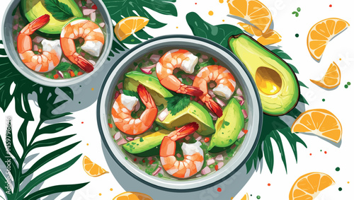Shrimp ceviche with avocado vector in tropical flat design