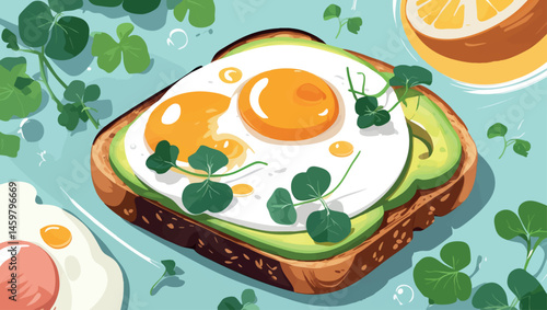 Avocado toast vector in summer flat illustration style