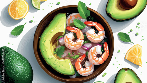 Shrimp ceviche with avocado vector in tropical flat design