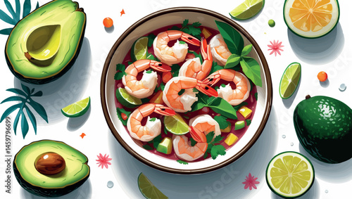 Shrimp ceviche with avocado vector in tropical flat design
