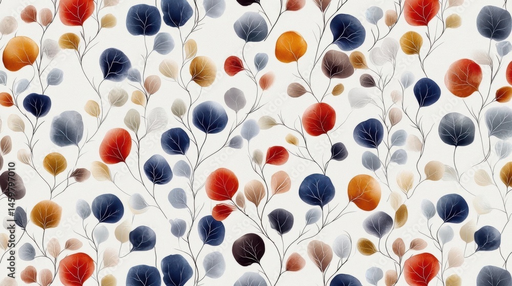 Seamless pattern with a white background. it features a variety of colorful leaves in different shades of blue, orange, and brown. Seamless pattern with a white background. it features a variety of colorful leaves in different shades of blue, orange, and brown.