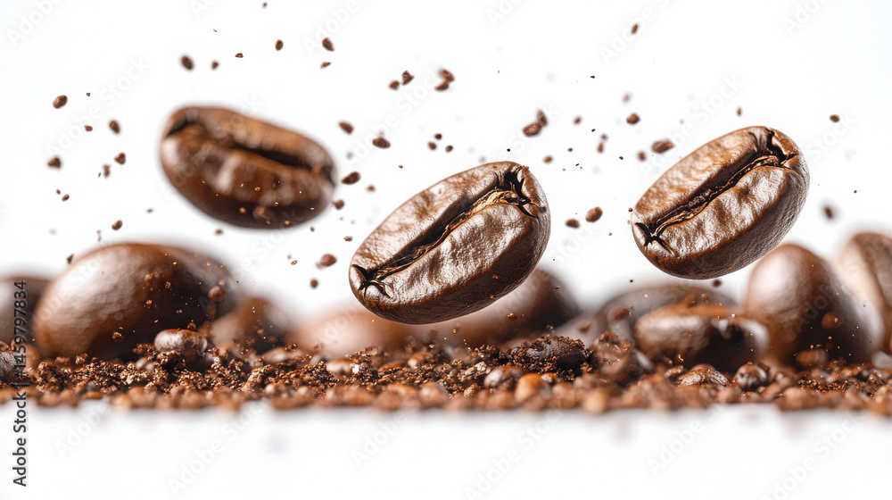 Flying coffee beans against a white background, studio photography, focus. Flying coffee beans against a white background, studio photography, focus.