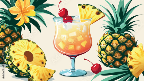 Pina colada cocktail vector in tropical flat summer style