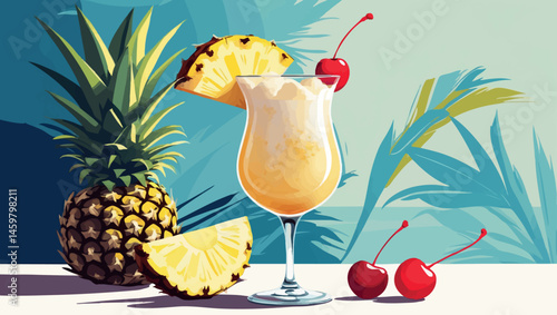 Pina colada cocktail vector in tropical flat summer style