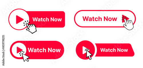 Watch now buttons with computer mouse click cursor arrow icons set and hand pointers. Play video button set for websites. UI elements for video playback. Vector illustration.