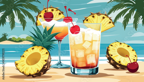 Pina colada cocktail vector in tropical flat summer style