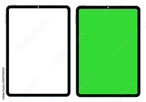 Tablet mockup set with green, and blank screens in realistic style, shown from multiple angles. Ideal for presentations, UI, and app design previews. Vector illustration.