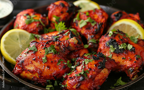 Spicy tandoori chicken with lemon and cilantro. Marinated and roasted for a smoky, flavorful Indian dish.