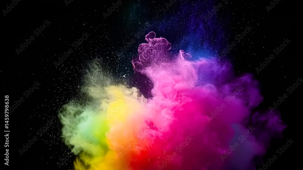In a dark studio. the paint erupts in a huge, colorful blast, rising and swirling in mid-air. The camera slowly pans up, capturing the vivid, dynamic motion of the paint. In a dark studio. the paint erupts in a huge, colorful blast, rising and swirling in mid-air. The camera slowly pans up, capturing the vivid, dynamic motion of the paint.