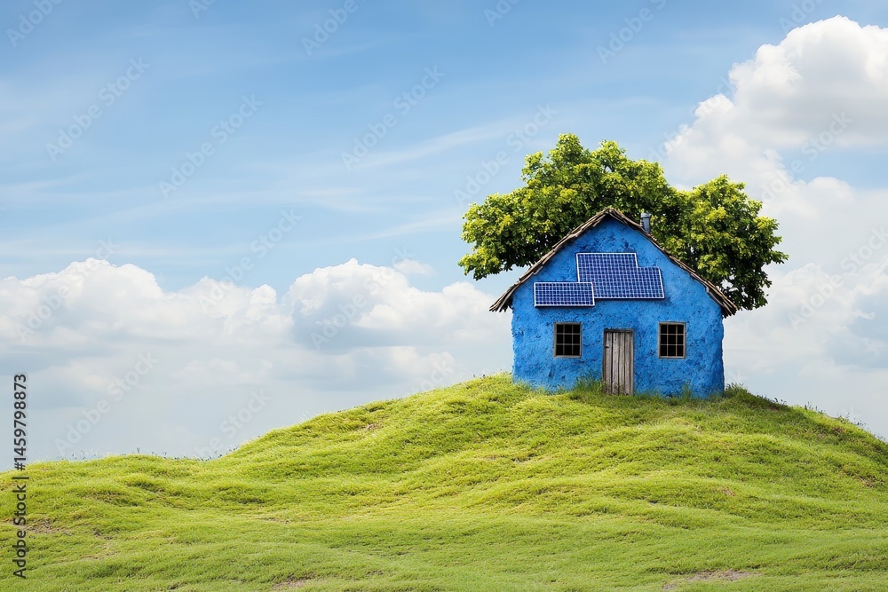 Obraz premium Blue House on Green Hill Under Sunny Sky