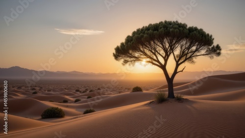 Fototapeta Naklejka Na Ścianę i Meble -  Solitary Tree in Desert at Sunset: Arid Landscape, Sand Dunes, Serene, Namibia Nature.