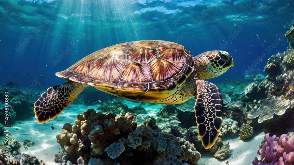 Obraz premium Sea turtle glides through coral reef