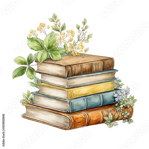 A charming stack of vintage books is decorated with delicate floral accents.