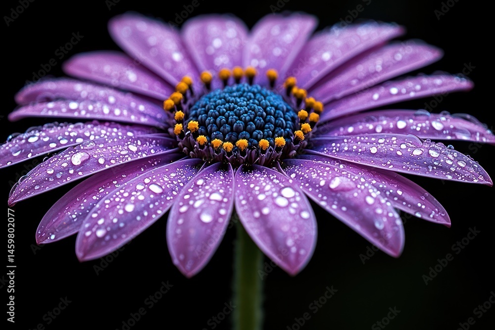 Close-up of a purple flower with dew drops. Vibrant petals and dark background Close-up of a purple flower with dew drops. Vibrant petals and dark background