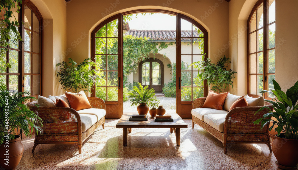 Fototapeta premium Sunlight floods a warmly-toned living room featuring arched French doors opening onto a lush garden, accented by wicker furniture, potted plants, and a comfortable seating arrangement.
