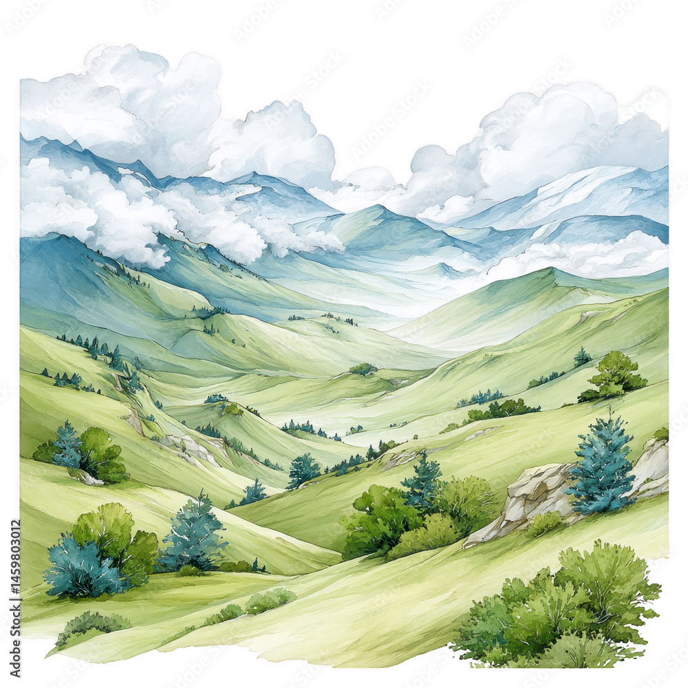 A watercolor painting shows beautiful green hills and distant blue mountains.