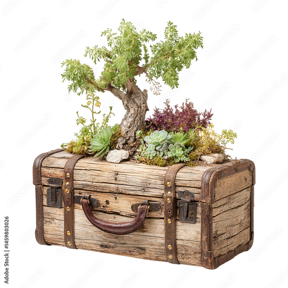 A miniature tree grows from vintage suitcase planter isolated on white.
