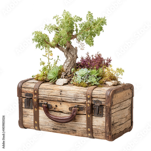 Obraz na płótnie A miniature tree grows from vintage suitcase planter isolated on white. w salonie