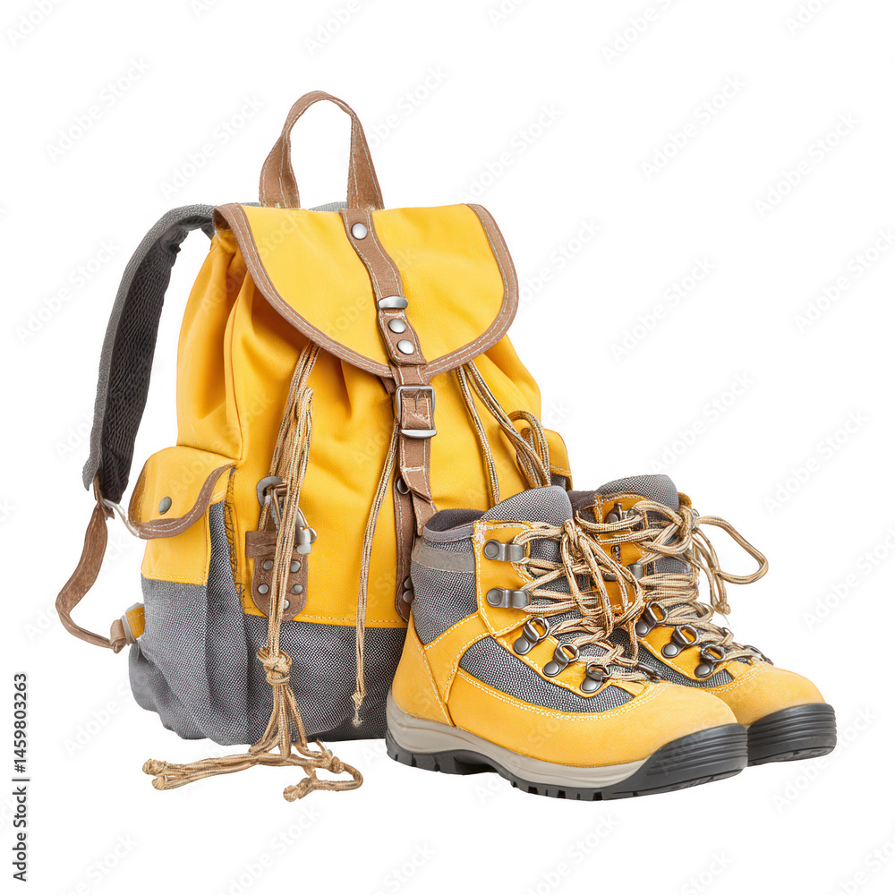 Backpack and hiking boots for outdoor adventures shown on white background.