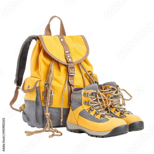 Obraz na płótnie Backpack and hiking boots for outdoor adventures shown on white background. w salonie