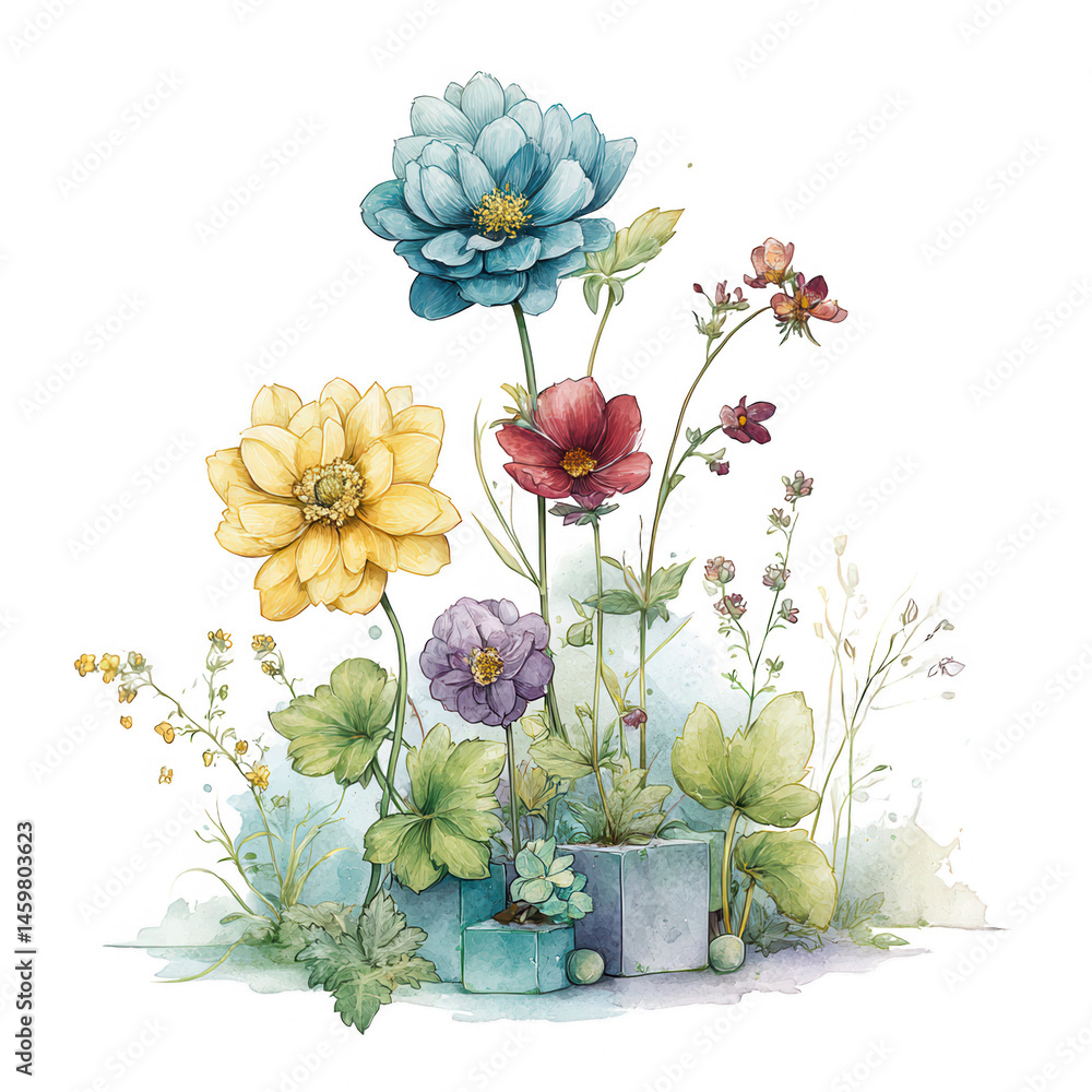 Watercolor illustration shows a beautiful arrangement of colorful flowers.