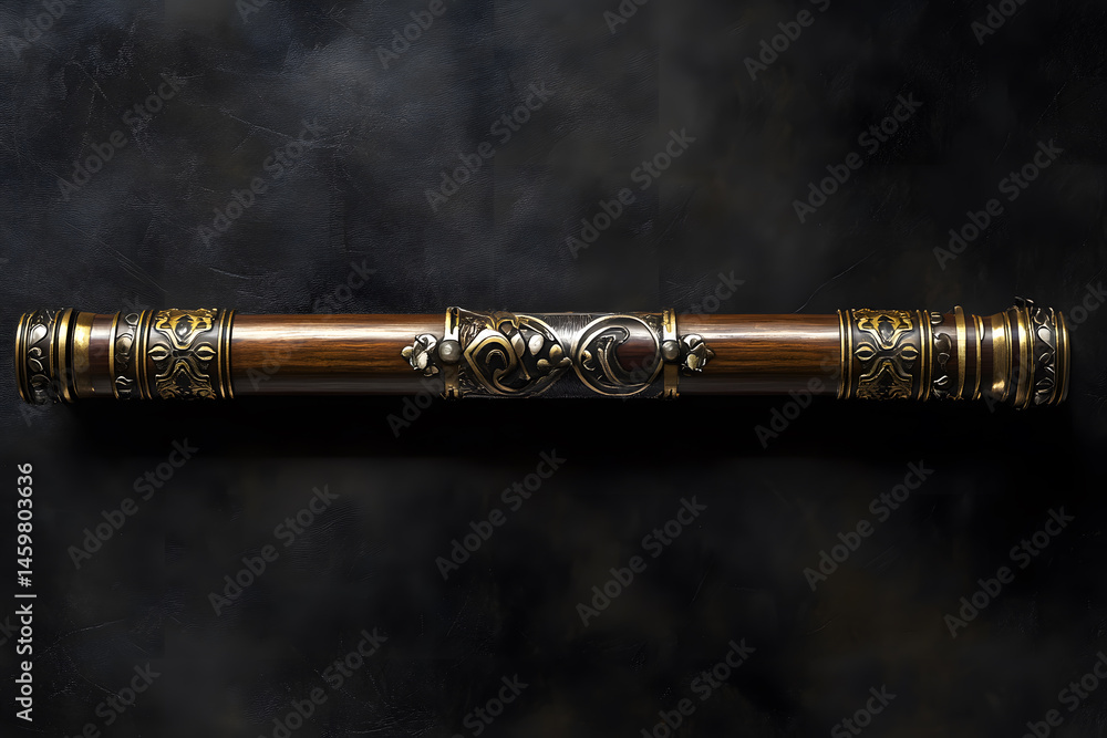 Fototapeta premium Classic ornate wooden staff with intricate metalwork displayed on a dark textured background