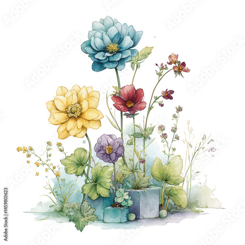 Obraz na płótnie Watercolor illustration shows a beautiful arrangement of colorful flowers. w salonie