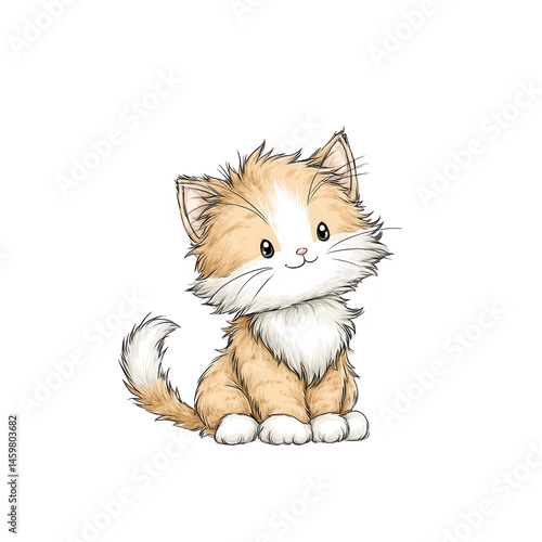 Obraz na płótnie A cute cartoon fluffy kitten with a sweet smile sits looking at the viewer. w salonie