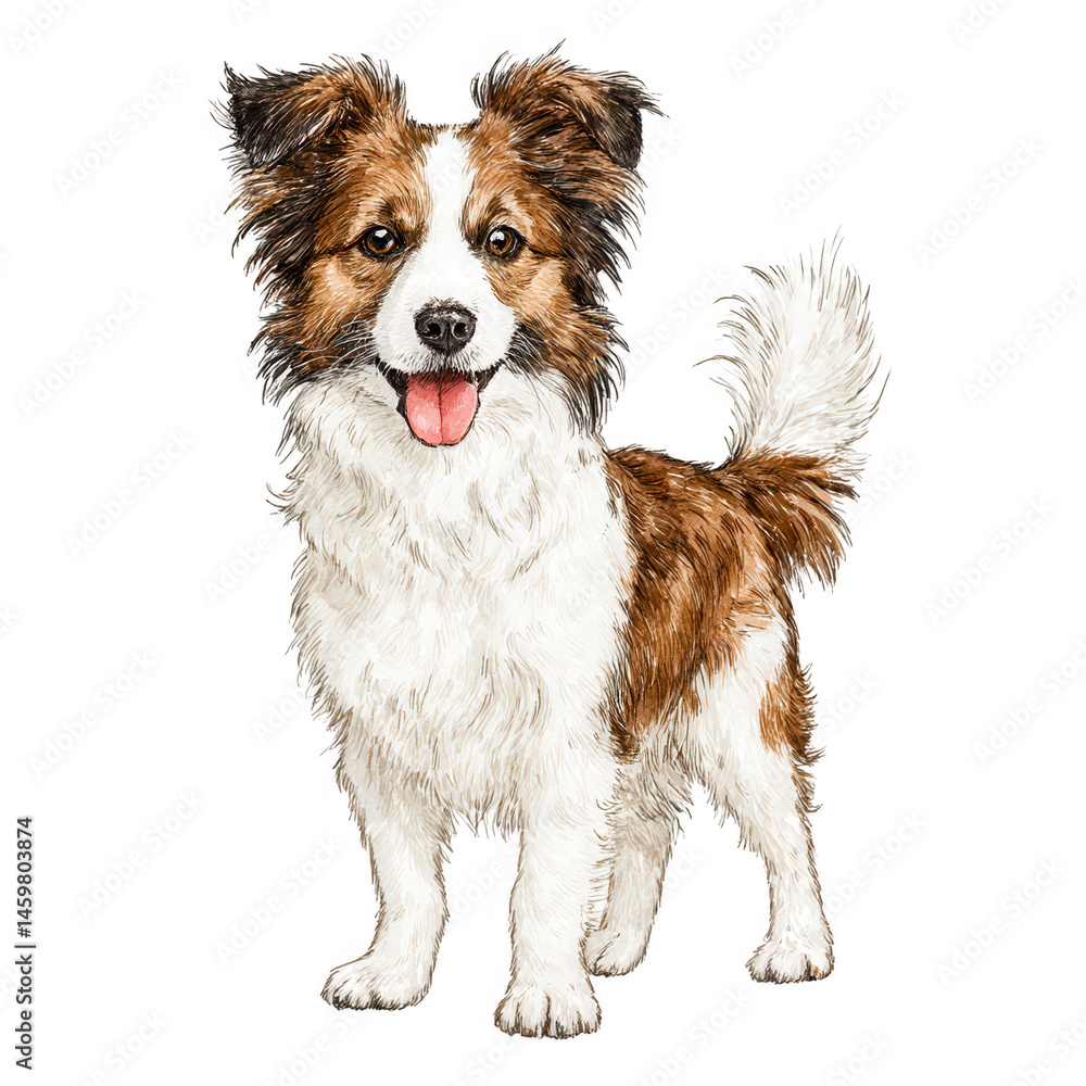 A cute brown and white dog stands happily with its tongue hanging out.