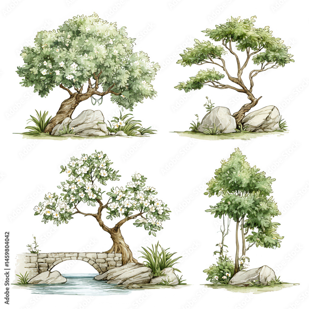 Watercolor illustration featu four various small trees and rocks artwork.